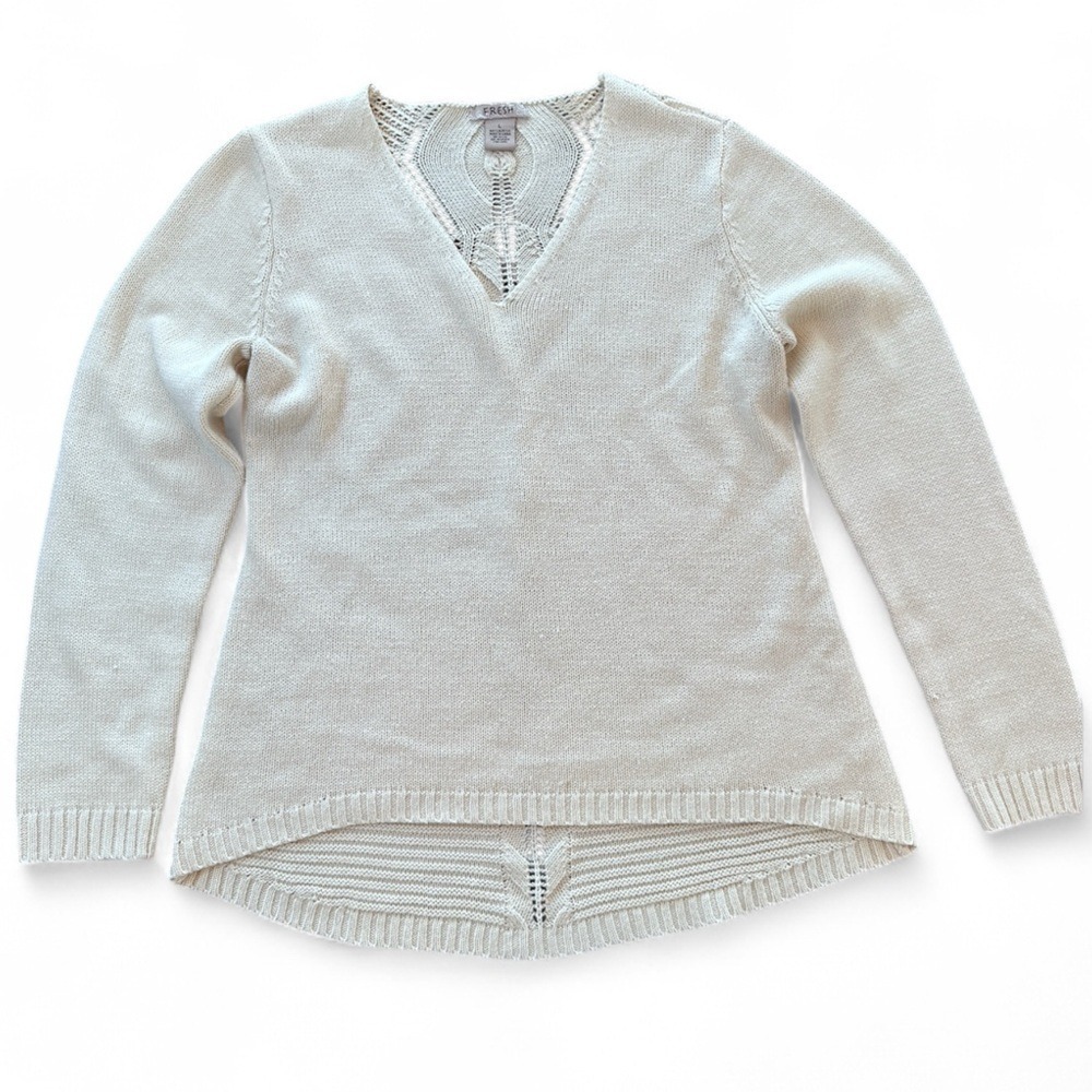 Fresh V-Neck Sweater Women L Cream Ivory Pointelle Back High-Low Knit Pullover